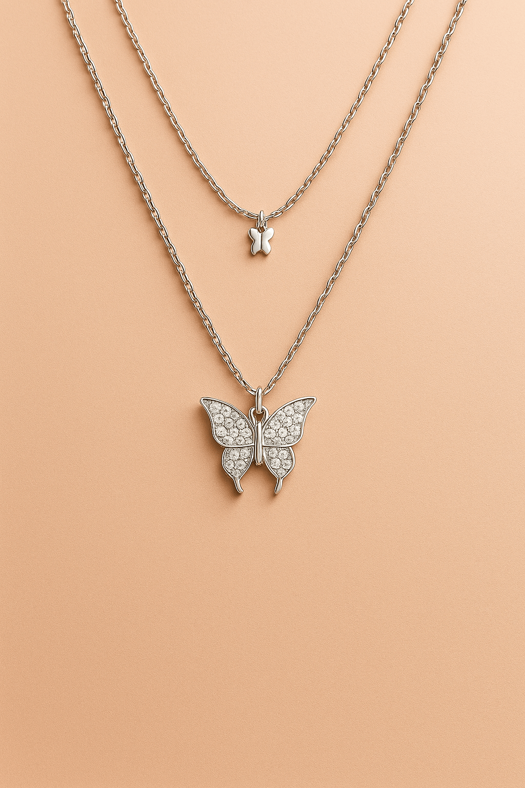 Halskette Goldy Butterfly – doppelte vergoldete 925er Sterlingsilber Kette mit Strass und Schmetterlingsanhängern - VIDINLIS