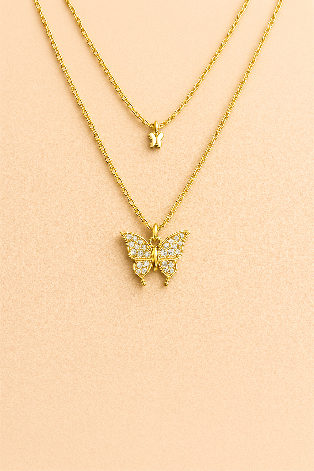 Halskette Goldy Butterfly – doppelte vergoldete 925er Sterlingsilber Kette mit Strass und Schmetterlingsanhängern