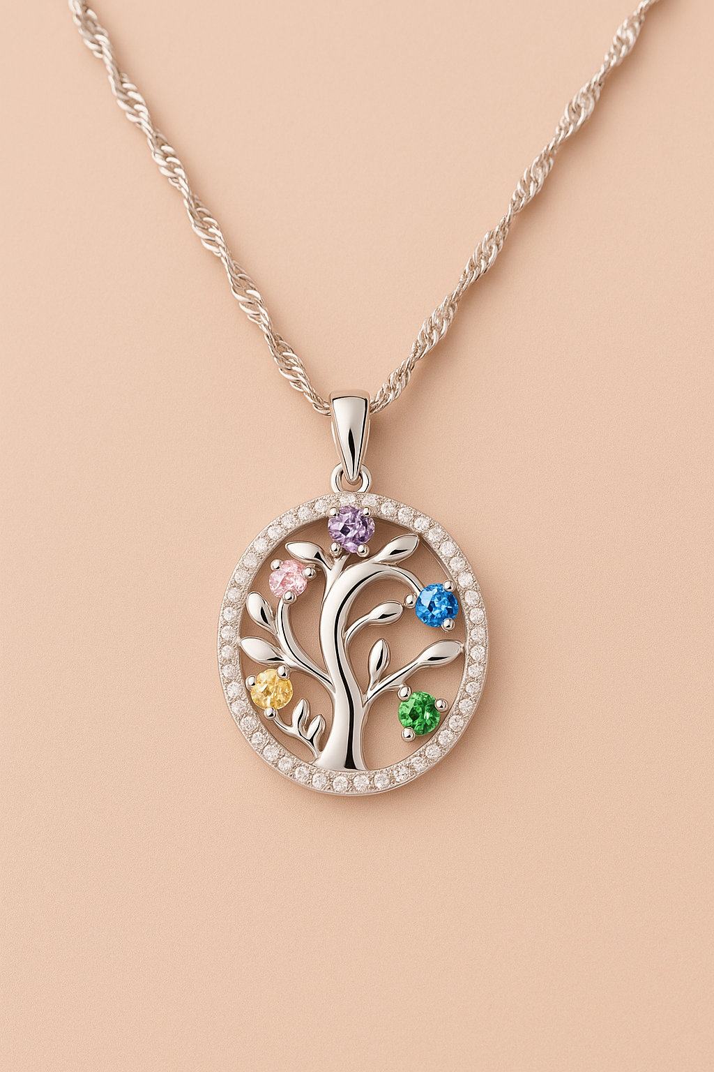 Halskette Tree of Life – 925er Sterlingsilber Kette mit bunten Schmucksteinen (Baum des Lebens)